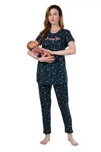 Fabme Women's Dark Green Maternity Top and Pyjama Set