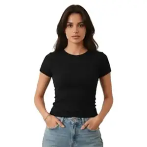 NAVRAAH Women's Ribbed Top, Premium Mario Rib Cotton Fabric, Slim Fit Round Neck Casual T-Shirt for Office, College