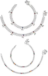 AanyaCentric Indian Traditional Ethnic White Metal Anklet Pair Silver Bracelet For Women Payal For Girls Kolusu For Girls Anklets For Women Stylish Payal For Women Stylish Oxidised Anklet For Women