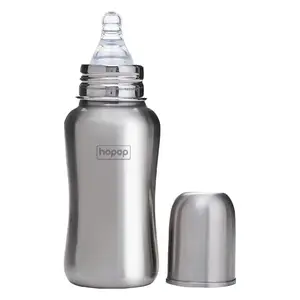 Hopop Baby Steel Feeding Bottle | Soft Silicone Teat Stainless Steel Feeding Bottle | Suitable from 0+ Months | Anti-Colic System | BPA Free | 240ml | Silver