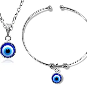 Combo Of Silver Color Valentine's Day Round Moti Pearl Beads/Stone Hanging/Latkan Evil Eye Nazariya Suraksha Kavach Friendship Wrist Band Cuff Bangle Kada Bracelet And Locket Pendant Necklace