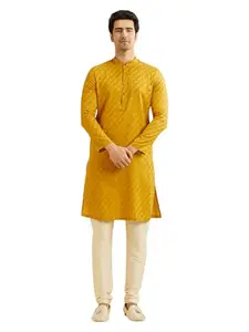 Manyavar Men's Cotton Printed Kurta Pyjama Set (Mustard,M)
