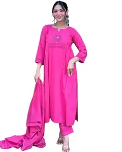 BharatCartX Women's Cotton Embroidery Handblock Floral Kurti Pant With Dupatta Set