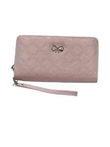 Quilted Wristlet Wallet with Bow Accent, Zip Closure, Available in Sage Green, Brown, Maroon (Baby Pink)
