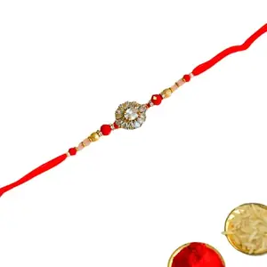 CraftEarth - Crafting Your Curiosity Crystal Bloom Rakhi – RK-118 | Red Thread with Floral Zircon Center & Gold Bead Detailing
