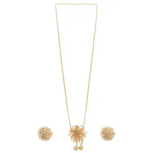TheChicJewel's Gold Collection - A Long Gold Necklace & Earing Set with Flower Motif Pendant for Women | Designer Fashion Jewelry for Ladies | Gift for Wife, Mom, Sister