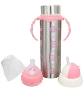 Duggu Kids Baby Stainless Steel Multi-functional Thermal Insulation Feeding Bottle Water Milk Juices Feeder Anti-Slip With Anti-Colic Nipple And Handles For Kids/ Toddlers/ Infants (Pack of 1) Pink 180 Ml