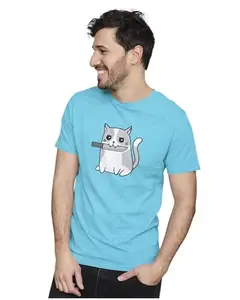 ALLEN BLACK Men's & Women's Regular Fit T-Shirt Psycho Cat with Knife 100% Cotton Unise T-Shirt Sky Blue_CHEEKYCA30-Sky Blue 5XL Men Round_