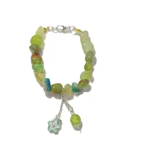 Natural Green Stone Bracelet with Flower Charm, Turquoise Accents, Silver Chain