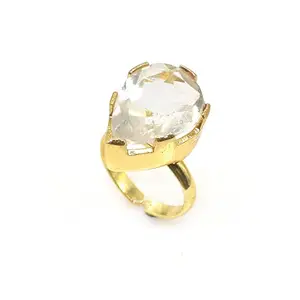 Nimbark Clear Crystal Quartz Gemstone Handmade Gold Plated Jewelry Love Ring For Women's & Girls