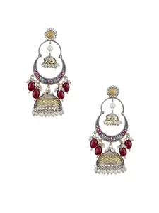 Atibelle german Silver Plated- dual toned & maroon -white stone studded beaded jhumkas
