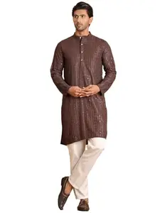 Jompers Coffee Embroidered Straight Kurta Set For Men (Coffee, S)