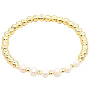 SNOWY SHOP Golden & Pearl Beaded Bracelet for Women, Girls & Teens – Trendy Latest Western Jewellery | Boho Chic Stretchable Bracelet
