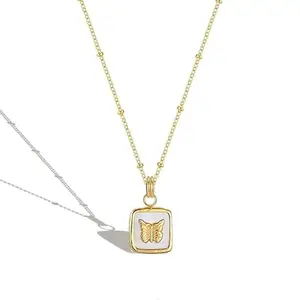 MAYA COLLECTION Dainty Butterfly Square Pendant Necklace Gold Plated Chain, Anti-Tarnish Minimalist Charm Jewelry for Women, Girls