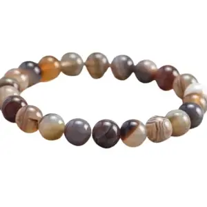 RRJEWELZ Natural Botswana Agate 8mm Round Shape Smooth Cut Beads 8 Inch Stretchable Bracelet For Men & Women. Unisex Bracelet For Healing, Meditation, Prosperity, Gift & Luck|STBR_RR_10470_8.0