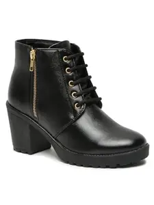 Bruno Manetti Women's Black Laceup With Back Croco With Side Golden Zipper Ankle Length Comfort Mid Top Heel Boots