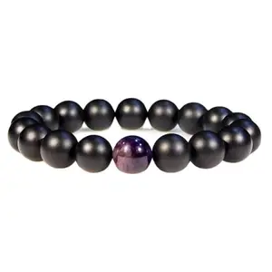 RRJEWELZ Natural Matte Onyx With Amethyst Round Shape Smooth Cut 10mm Beads 7.5 inch Stretchable Bracelet for Healing, Meditation, Prosperity, Good Luck | STBR_05569