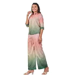 VARAMYA Women's Ombre Co-ord Set - Straight Kurta Palazzo Pants Kurtas, Printed Silk Blend Shirt & Wide Leg Pant