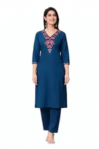 Women's Cotton Straight Embroidered Kurta with Pant