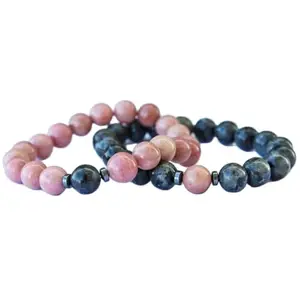 RRJEWELZ rhodonite & larvikite 8mm Round Smooth beads Long Distance Couples Love Friendship Combo Bracelet Set - Couples Relationship 7.5 inch Stretchable Bracelets set|RR_CPBR_265_7.5