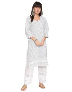 Women's Casual 3/4th Sleeve Embroidered Cotton Kurti (Grey, 2XL)-PID48502