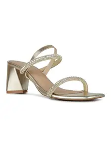 Inc.5 Women Golden Party Wear Embellished Square Toe Block Heel Sandals