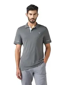 TECHNOSPORT Men's Polyester Regular Fit Polo Neck Half Sleeve Self Design T-Shirt with Quick Dry, Anti-Microbial Properties for Gym, Sports and Regular Use