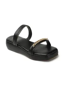ICONICS Women's Fashionable Slip On Comfortable Sandals Colour-Black, Size-UK 6