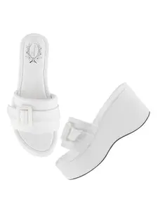 Shoetopia Women's White Platform Slip-On Sandals – Chunky Wedge Slides with Buckle Strap Stylish Comfortable, Durable– Perfect for Casual & Party EU40
