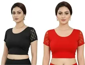 TRUNESS Round Neck Cotton Lycra Stretchable Half Net Sleeve Readymade Saree Blouse for Women and Girls, Size (26 to 44)