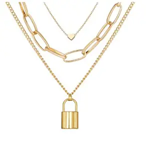 Vembley Attractive Gold Plated Triple Layered Heart and Lock Pendant Necklace