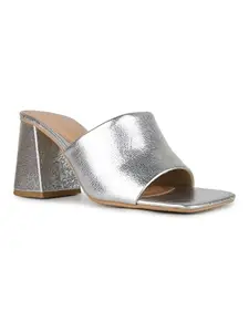 Inc.5 Women Silver Party Wear Solid Square Toe Block Heel Sandals