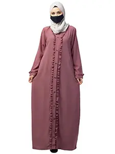 Bashariya Front Open Abaya with Ruffles & Contrasted Button in Kashibo Fabric for Women (2XL, Puce Pink)