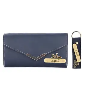 WALLETKART Personalised Leather Name Women's Clutch and Keychain | Custromised Gift Combo for Girlfriend Friend Wife Mother & Sister (Blue)