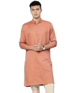Majestic Man Men's Cotton Blend Textured Solid Mandarin Collar Classic Ethnic Long Kurta
