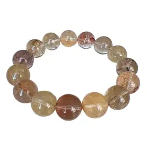 RRJEWELZ Natural Copper Rutilated Quartz 12mm Round Shape Smooth Cut Beads 8 Inch Stretchable Bracelet For Men & Women. Unisex Bracelet For Healing, Meditation, Prosperity, Gift & Luck|STBR_RR_11077_8.0