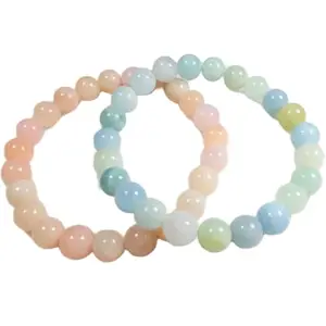 RRJEWELZ kunzite & morganite 8mm Round Smooth beads Long Distance Couples Love Friendship Combo Bracelet Set - Couples Relationship 7.5 inch Stretchable Bracelets set|RR_CPBR_163_7.5