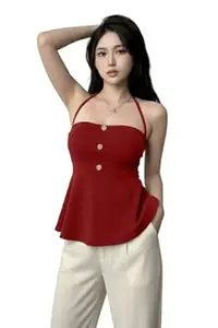 TIVANTE Solid Halter Neck Peplum Top for Women with Button Detail | Sleeveless Crop top for Women | Korean top