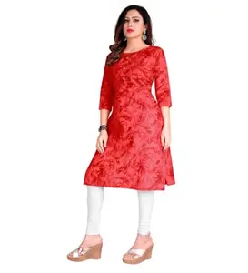 Women's Casual 3/4th Sleeve Printed Cotton Kurti (Red, 2XL)-PID46127