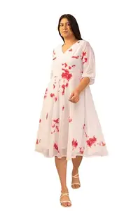 XL LOVE - By Janasya Women's Off White Dobby Georgette Tie & Dye Fit & Flare Dress(PL1002-DR-3XL)
