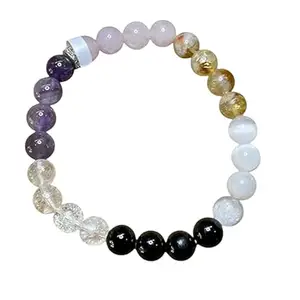 RRJEWELZ Natural 7 Chakra Stone 8mm Round Shape Smooth Cut Beads 6.5 Inch Stretchable Bracelet For Men & Women. Unisex Bracelet For Healing, Meditation, Prosperity, Gift & Luck|STBR_RR_09617_6.5