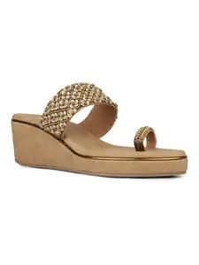 Inc.5 Womens Golden Embellished Open Toe Party Wear Wedge Heel Sandals