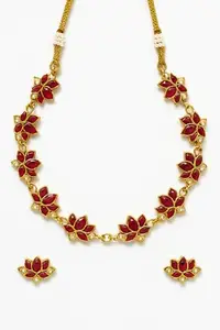 Traditional Indian Red Lotus Necklace Set, Gold-Plated Jewellery Set with Earrings- For Women and girls