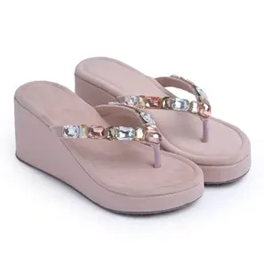 Froh Feet Women's Rhinestone Sandals High | Low Platform T-Strap Jewel Sandals High Wedge Flip Flops Sandal Summer Beach Sandal - Pink