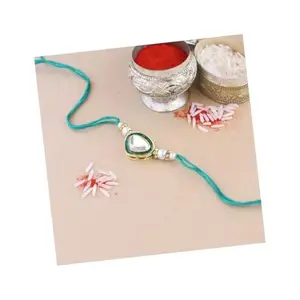 I Jewels Designer Meenakari Kundan Pearl Rakhi With Roli Chawal & Rakshabandhan Card For Brother/Bhai/Bro/Men (R101G)
