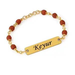 Wonderland collection Personalized Rudraksh Rakhi Bracelet with Name Plate, Gold-Toned Chain, Traditional Design