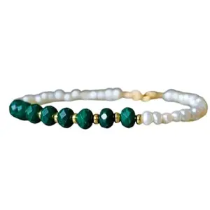 LKBEADS Malachite & Freshwater Pearl bracelet with Gold clasp - 2.5-4mm Rondelle beads- Smooth & Faceted Cut -7 Inch Bracelet– Healing, Fashion, Gift, Spiritual, Yoga|LK_STACK_08164