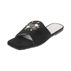 Metro Women's Black Floral Embellished Flat Fashion Sandals UK/3 EU/36 (35-4957)