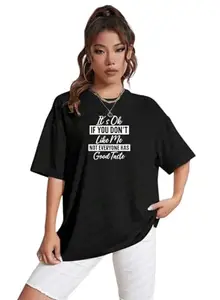 MAJESTIC FASHION Women's Cotton Blend Textured Printed Round Neck Half Sleeves Oversized Drop Shoulder T-Shirt (Black-XL)