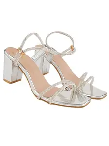 Shoetopia Embellished Rhinestones Strap Silver Heels For Women & Girls